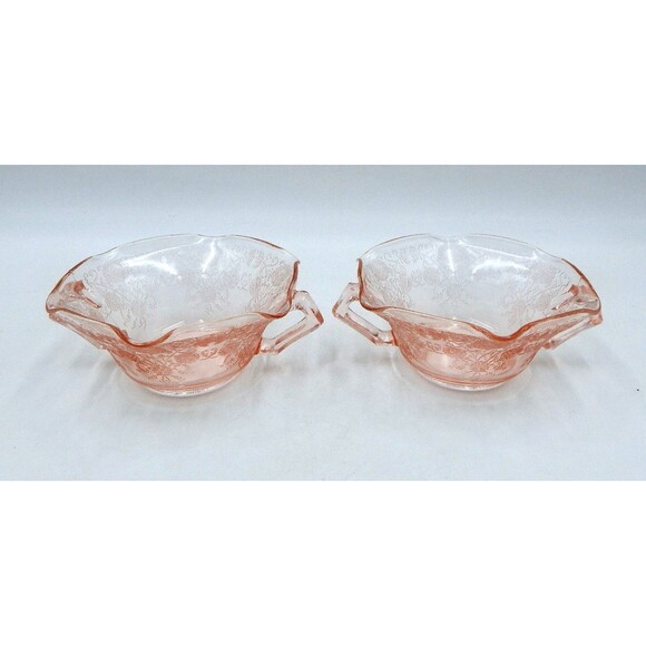Hazel Atlas Florentine Poppy Pink Depression Glass Two-Handle Soup Nut Bowl Pair - Picture 1 of 9